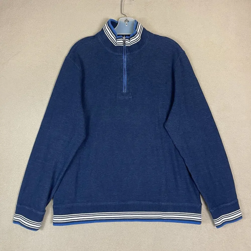 Robert Graham Sweater Mens XL Blue Striped 1/4 Zip Reversable Mock Neck Pullover